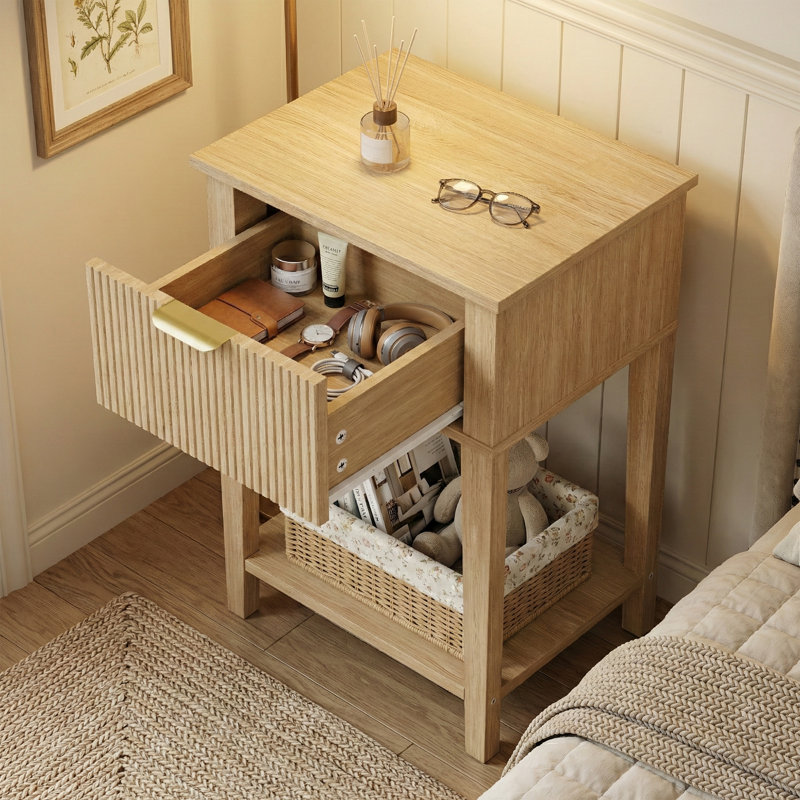 Modern Minimalist End Table With Open Storage Shelf, Natural Oak
