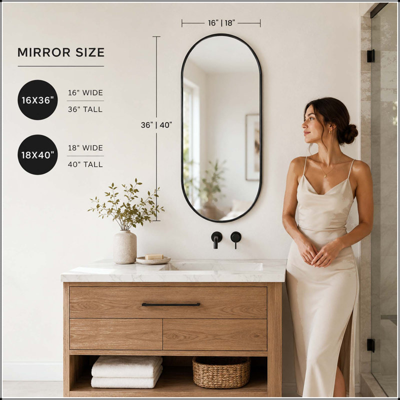 Oval Bathroom Mirror with Black PVC Frame (18x40 inch)