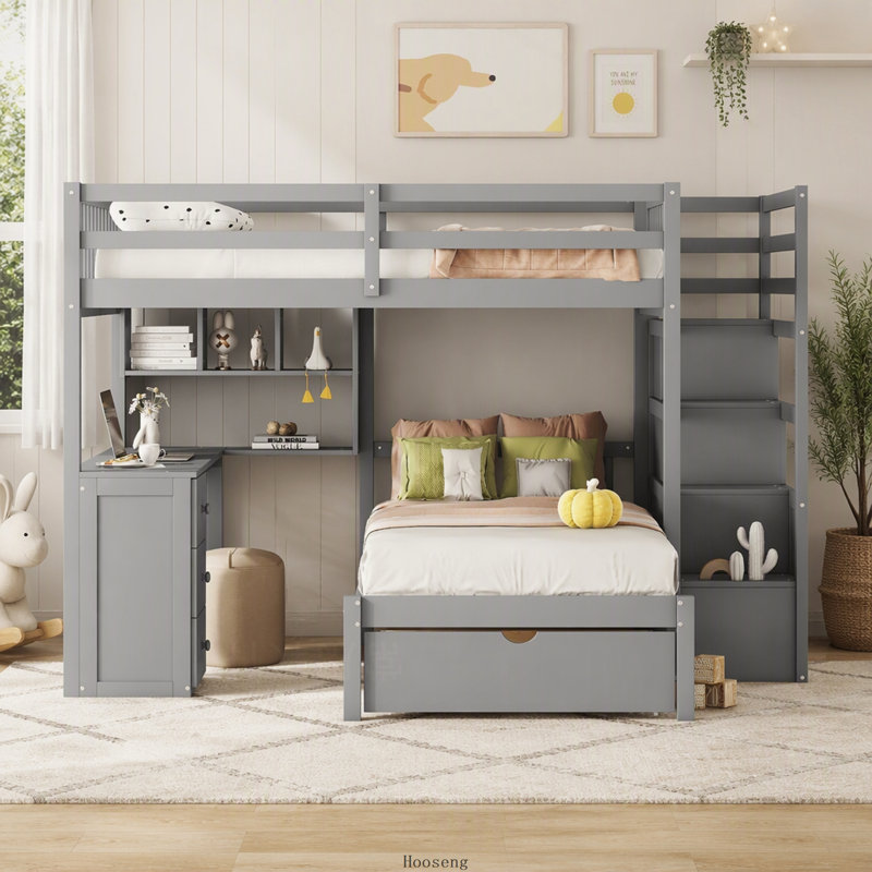 Lit superposé double au-dessus de simple avec bureau, tiroirs et tablettes, gris