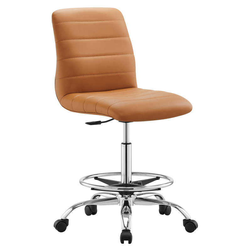 Modway Ripple Armless Vegan Leather Drafting Chair, Tan, Silver