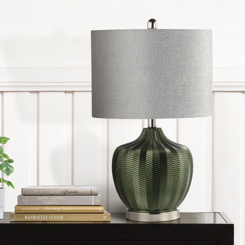 Cydnie 61.5cm Living Room Table Lamp with Ribbed Glass Base, Bedside Buffet Lamp with Linen Shade
