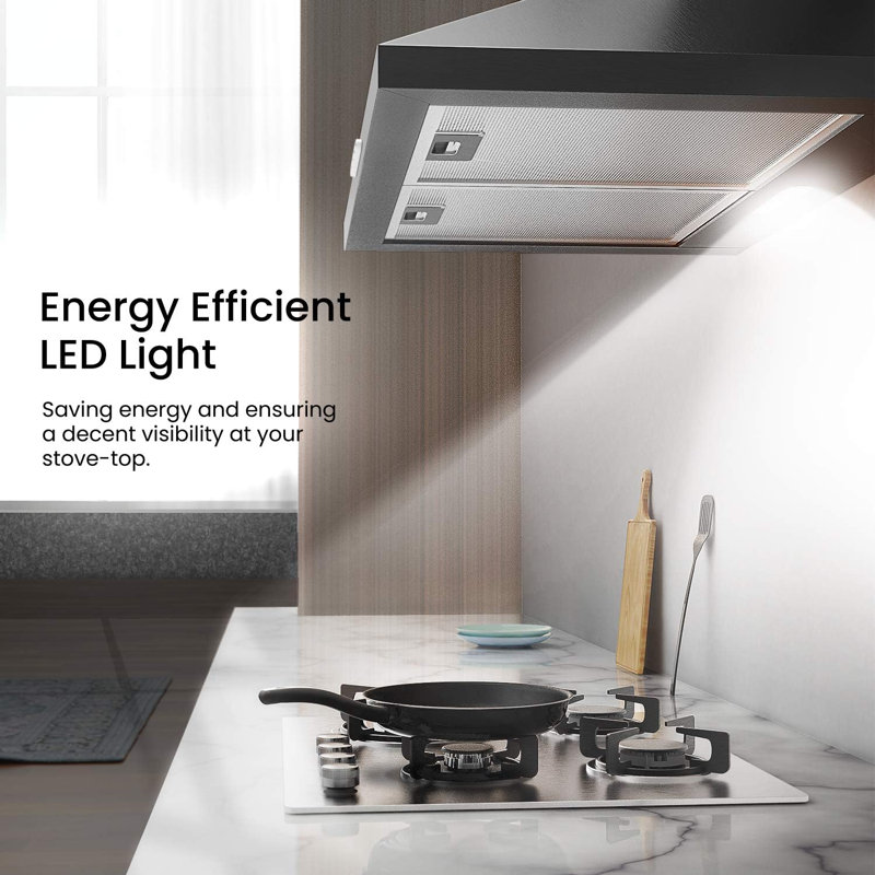 60cm 3-Speed Stainless Steel Wall Mounted Chimney Range Hood With LED Light, Black