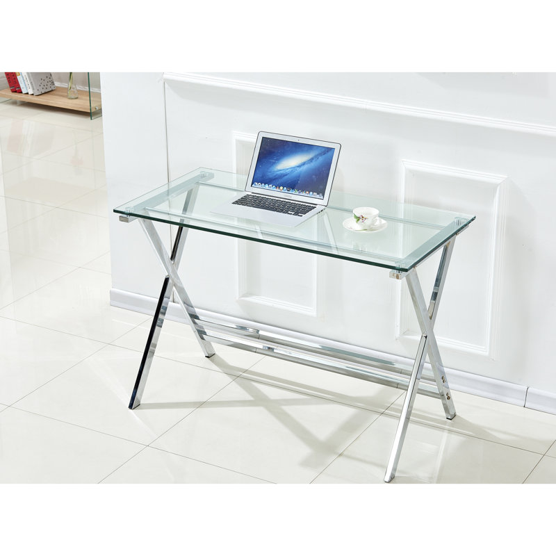 Table en verre trempé transparent, bureau pour ordinateur portable aux bords arrondis, design épuré idéal pour les petits espaces, multifonctionnelle, résistante aux égratignures et sécurisée, profondeur de 44,27 cm.