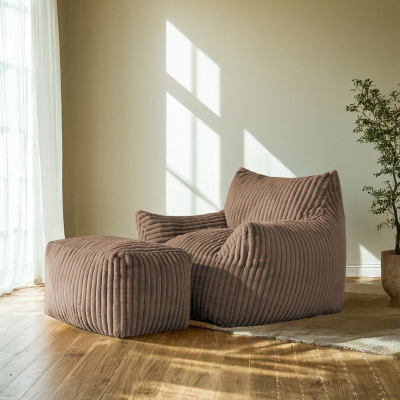 Large Corduroy Compression Bean Bag Chair with Ottoman Memory Foam Lazy Floor Sofa, Khaki Polyester Blend