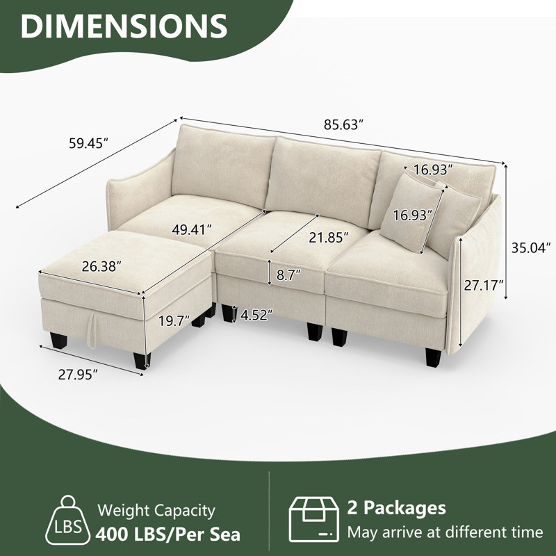 Canapé modulaire rembourré en L en chenille de 85,6 po avec repose-pieds Esai, Beige