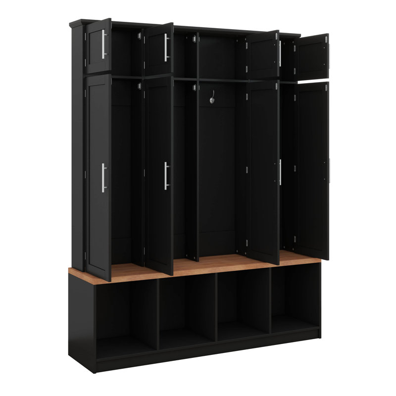 Farmhouse Hall Tree With 4 Hidden Hanging Hooks, Versatile Walnut Seating Bench With 8 Doors, Entryway Shoe Cabinet With Open Compartments