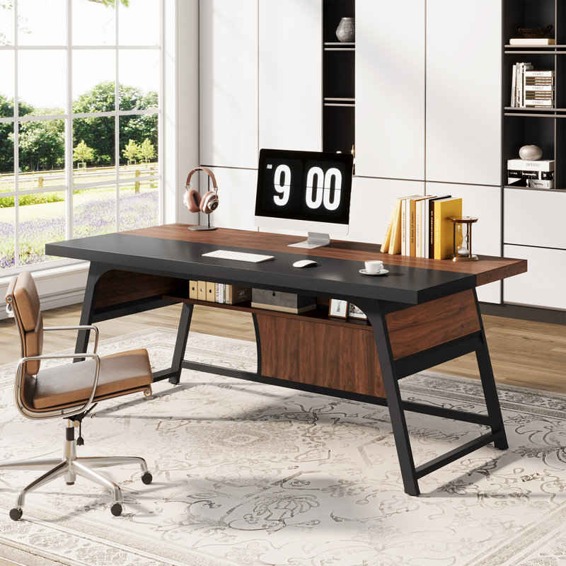 63 Inch Executive Office Desk, Walnut/Black