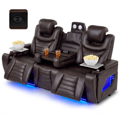 Power Loveseat Recliner Sofa with Flip-Up Console, Wall Hugger 3-Seater Reclining Sofa with Reading Light, Charging Station, LED Lights for RV Living Room