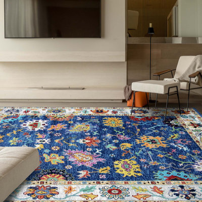Tapis bleu et gris clair de haute qualité noué à la main