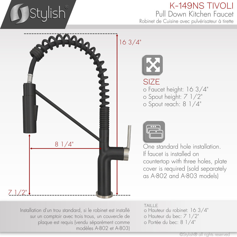 Modern Single Handle Kitchen Faucet, Noir mat / brossé
