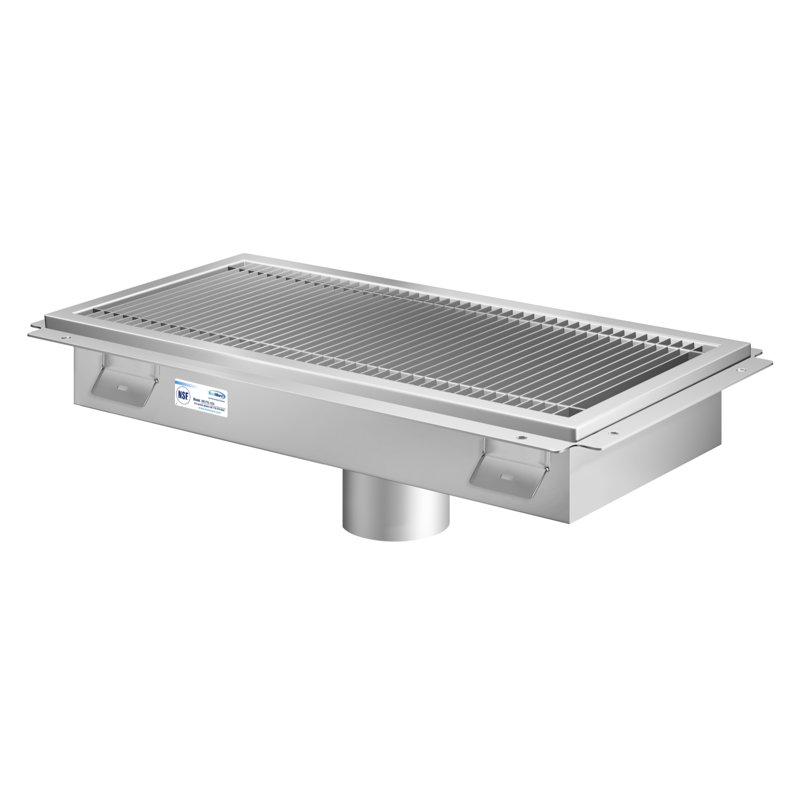 Drain de plancher en acier inoxydable 12 po x 24 po, calibre 14 avec grille de style métro et panier de vidange amovible, homologué NSF (km-ftg-1224)