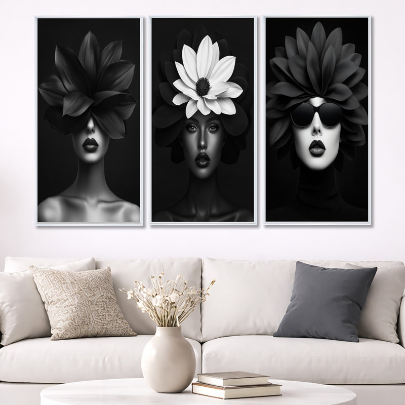 «Black and White Floral Woman Portrait Photo II - Fashion», art mural encadré 3 pièces, 40" H x 60" W, White Floater Framed