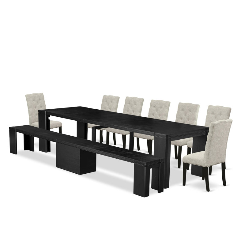 Ensemble de table de salle à manger 9 pièces comprenant une table de cuisine rectangulaire avec un banc en bois et 7 chaises de salle à manger en tissu de lin, noir brossé