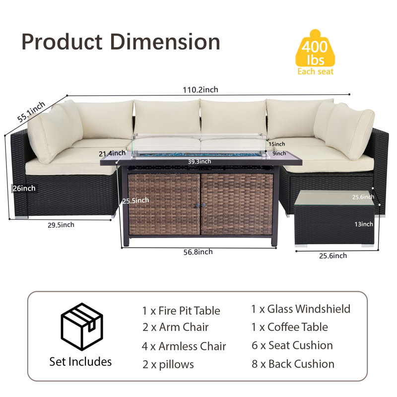 8 Pieces Outdoor Wicker Patio Furniture Set with Fire Pit Table, Beige/Brown