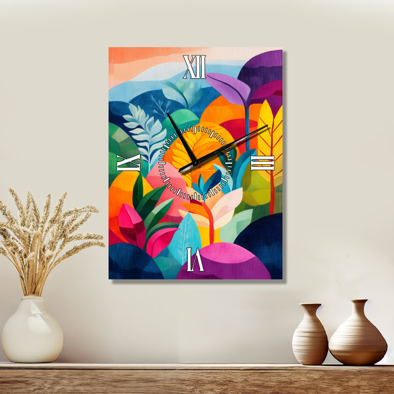 Jardins de la forêt tropicale II - Horloge murale silencieuse en métal de style côtier, H 32 po x l 24 po - Rectangle