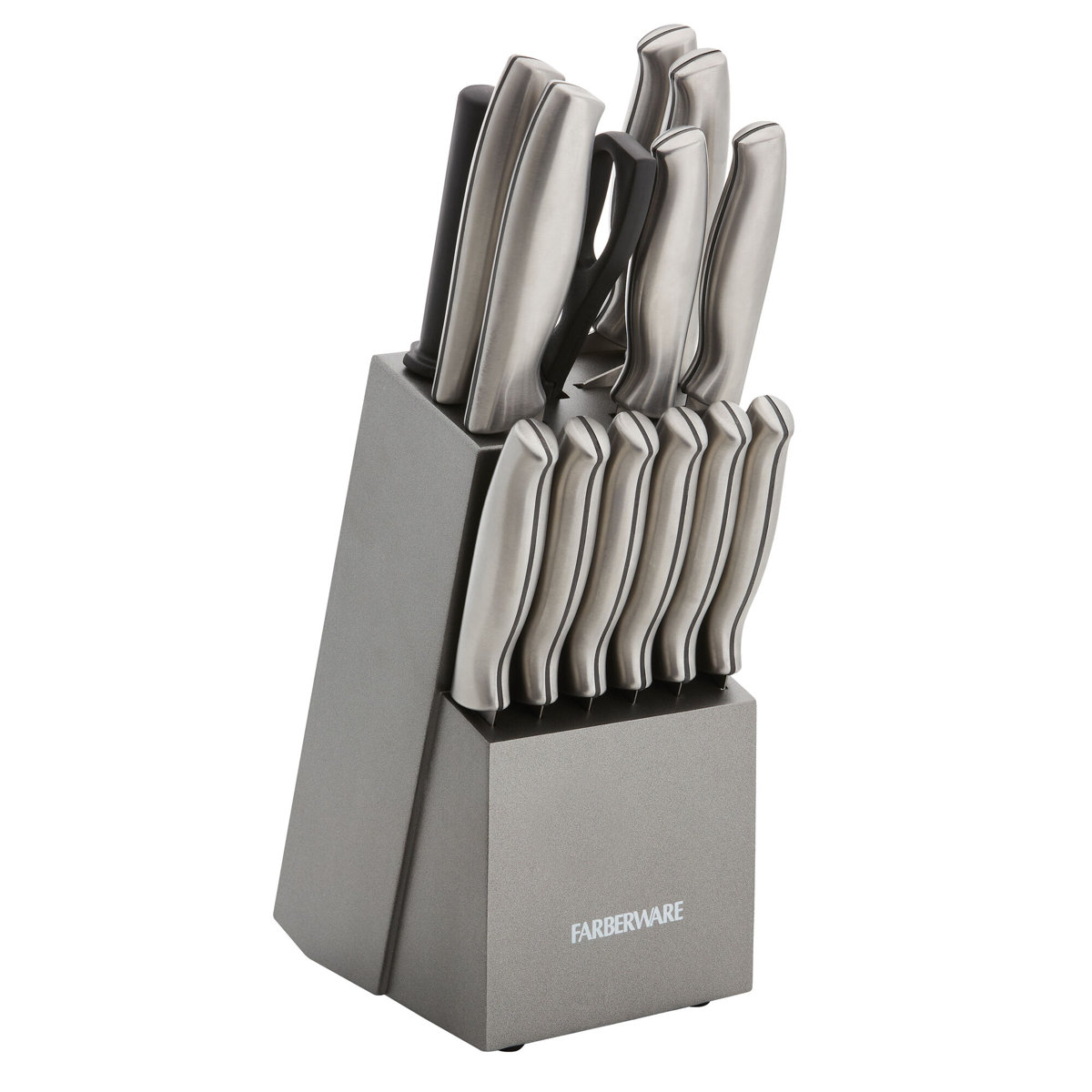 Farberware Stamped 15-Piece High-Carbon Stainless Steel Knife Block Set with Steak Knives & 3-Piece Bamboo Cutting Board - Thumbnail 2