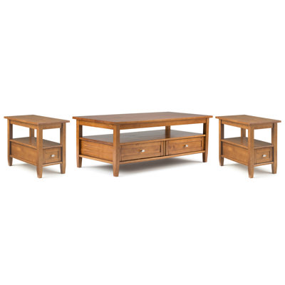 Table basse transitionnelle en bois massif Warm Shaker de 48 po de largeur avec 2 tables de bout de 14 po de largeur en brun doré clair (ensemble de 3)