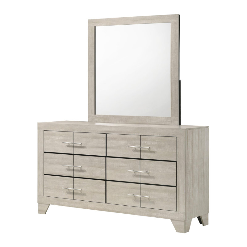 Commode de chambre à 6 tiroirs avec miroir rustique crème