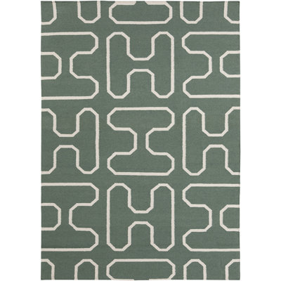 Tapis vert et blanc à motif géométrique abstrait en laine et coton Cash