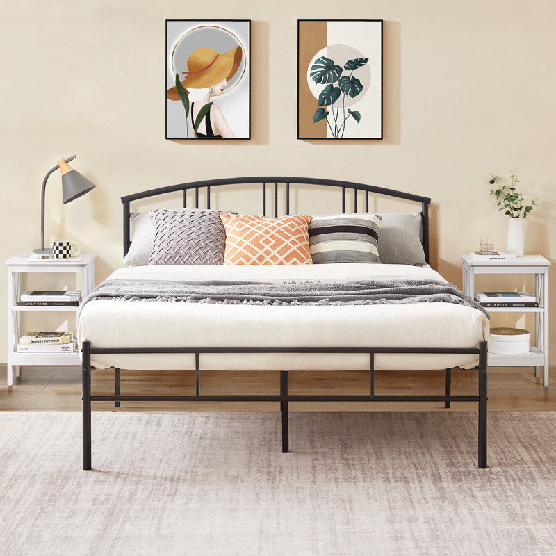 Grand lit en métal avec 2 tables de chevet blanches - ensemble de chambre à coucher moderne 3 pièces, Blanc, Grand