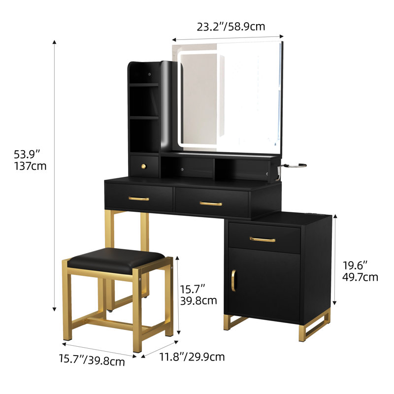 Meuble-lavabo à ampoule DEL avec tabouret, Noir
