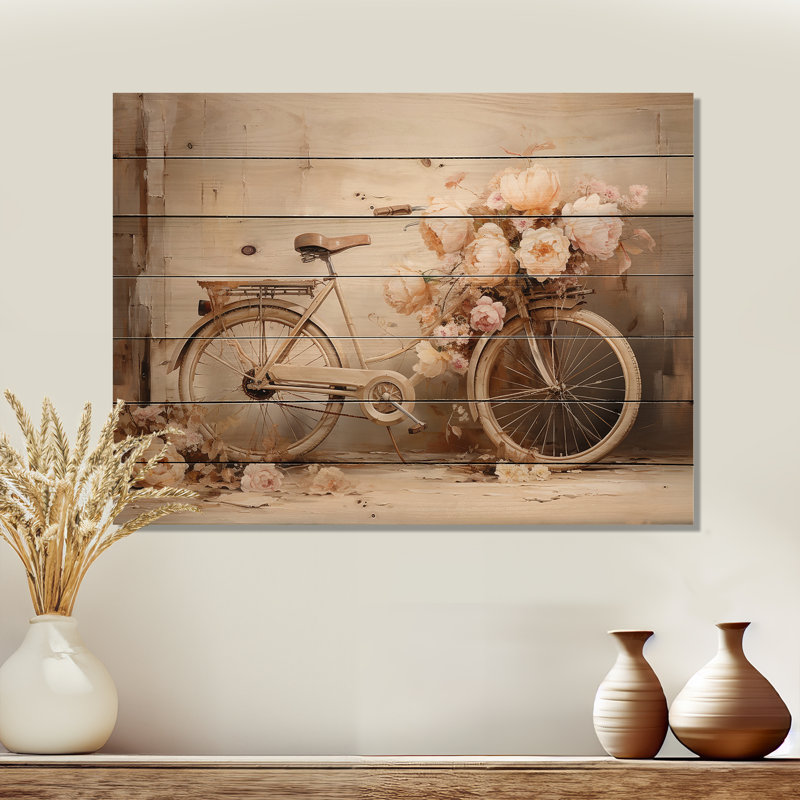 Bicycle Pearl Pedal - Bicycle Wood Wall Art On Natural Pine Wood, 30" H x 40" W