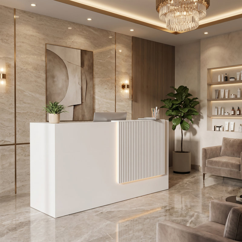 Bureau d'accueil moderne blanc en forme de L avec bande lumineuse DEL intégrée, prises électriques et tiroir verrouillable, idéal pour caisse, salon de coiffure, bureau ou comptoir d'accueil.