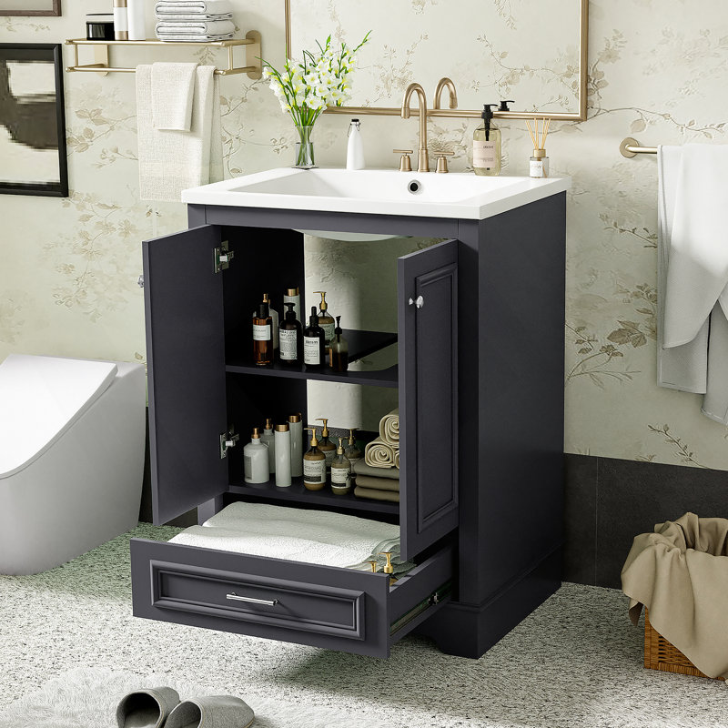 Ensemble de meuble-lavabo 24 po avec lavabo en céramique, armoire de rangement autoportante moderne avec poignées argentées, portes à fermeture douce