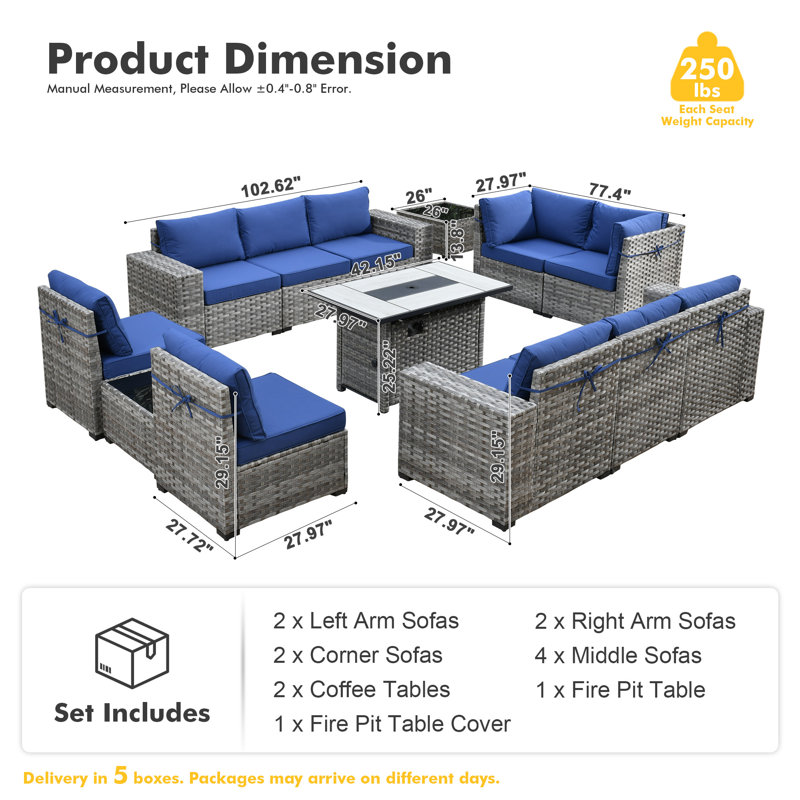 Bobia 13 Piece Wicker Sofa Seating Group with Cushions and Fire Pit Table, Navy Blue