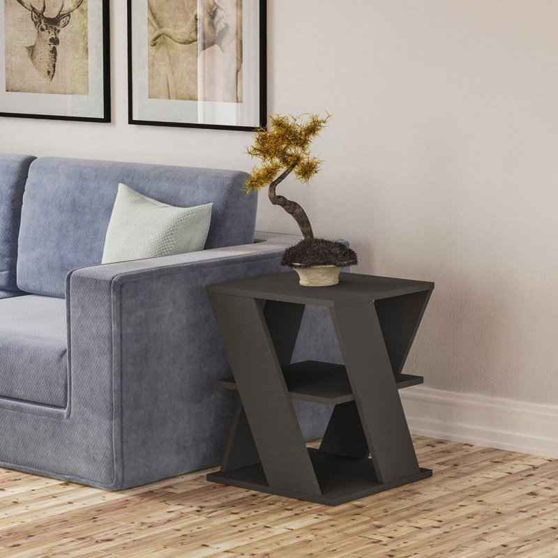 Cateline Geometric Floor Shelf End Table with Storage, Anthracite