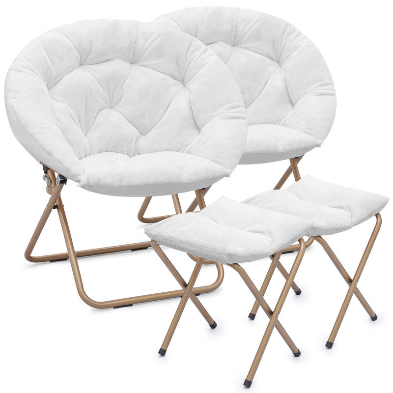 Marquice Folding Cozy Accent Chair with Ottoman, Saucer Chair with Footrest for Garden, Living Room, White Synthetic Fur