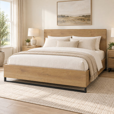 King Bed Frame with Geometric Headboard and Wood Grain Finish