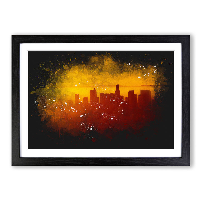 Downtown Los Angeles At Sunset Paint Splash - Picture Frame Graphic Art, 62cm H x 87cm W x 2cm D, Black Framed