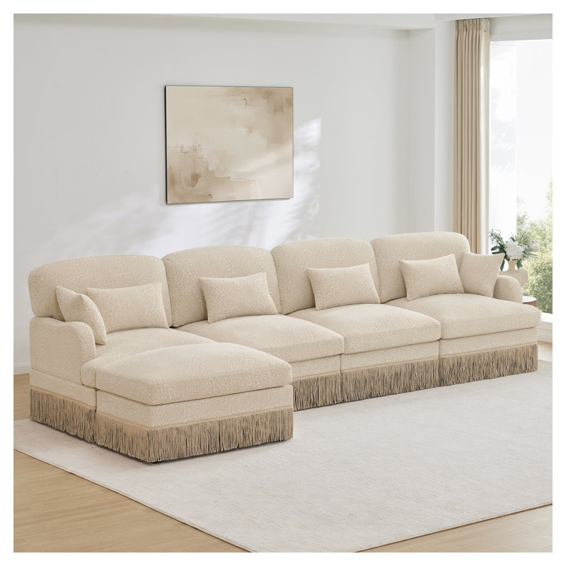 Canapé modulaire en forme de L de 131 po avec repose-pieds mobile, tissu chenille beige à imprimé léopard, siège profond avec garniture à pampilles pour le salon