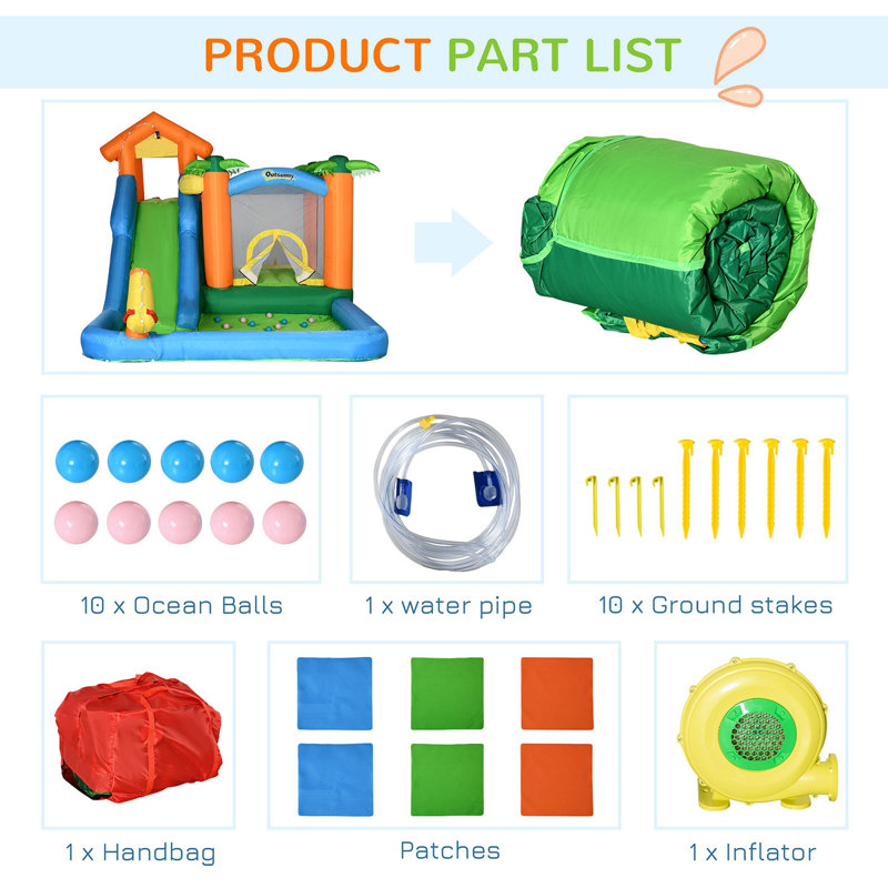 6-In-1 Tropical Inflatable Water Slide Summer Theme Jumping Castle Includes Floating Ball Slide Trampoline Pool Cannon Climbing Wall With Carry Bag, Repair Patches And 450W Air Blower