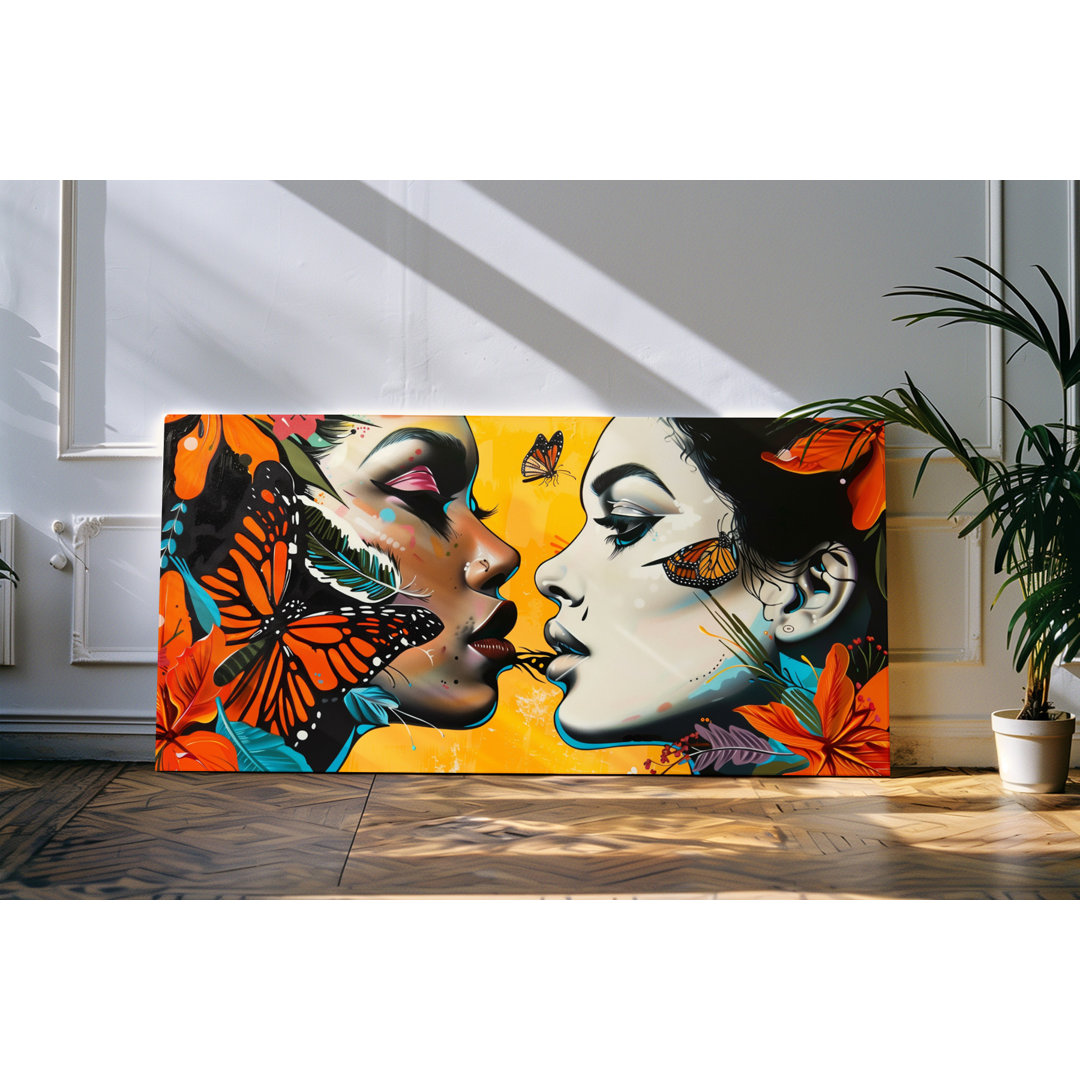 Wandbild 120x60cm Porträt von zwei jungen Frauen Farbenfroh Bunt Schmetterlinge