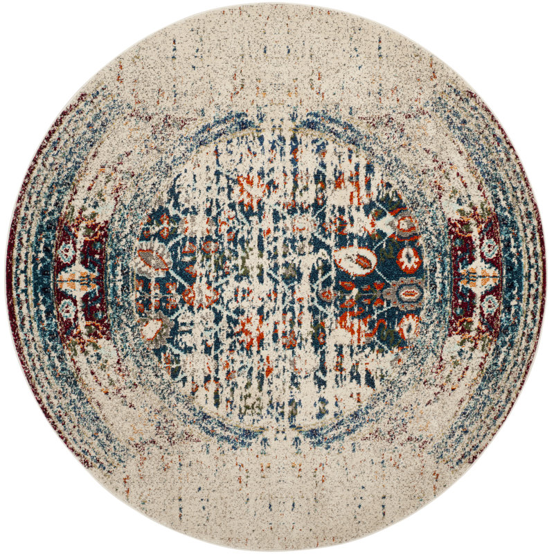 Hertzler Oriental Area Rug, Round 6'7", Ivory/Blue