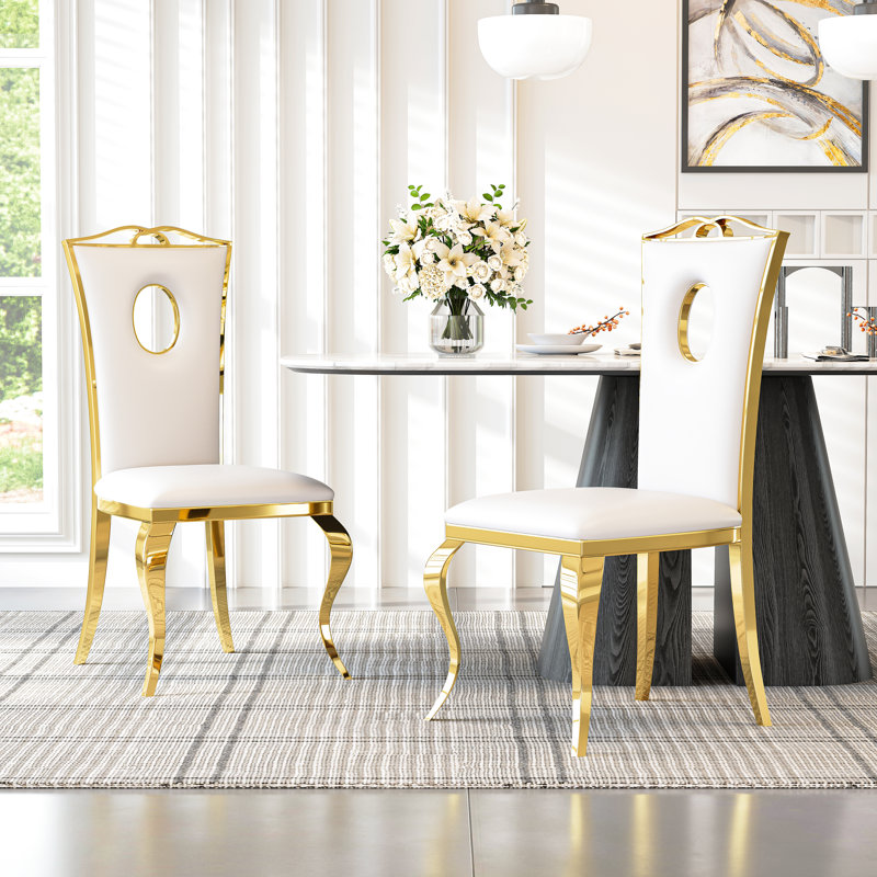 Dining Chair Set, Elegant Round Hole Backrest PU Leather Chairs, Curved Mirror Stainless Steel Legs, 6, White, Gold