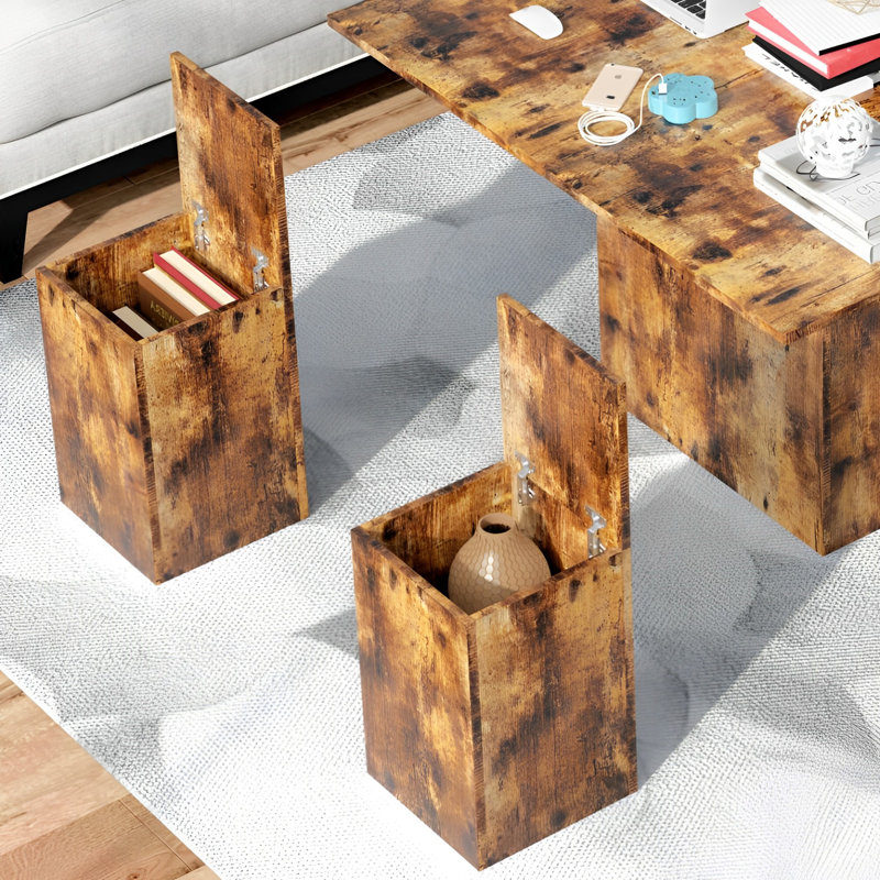 Table basse à plateau relevable multi-fonctions avec banc de rangement 4 en 1 Hamble, Brun rustique, Bois
