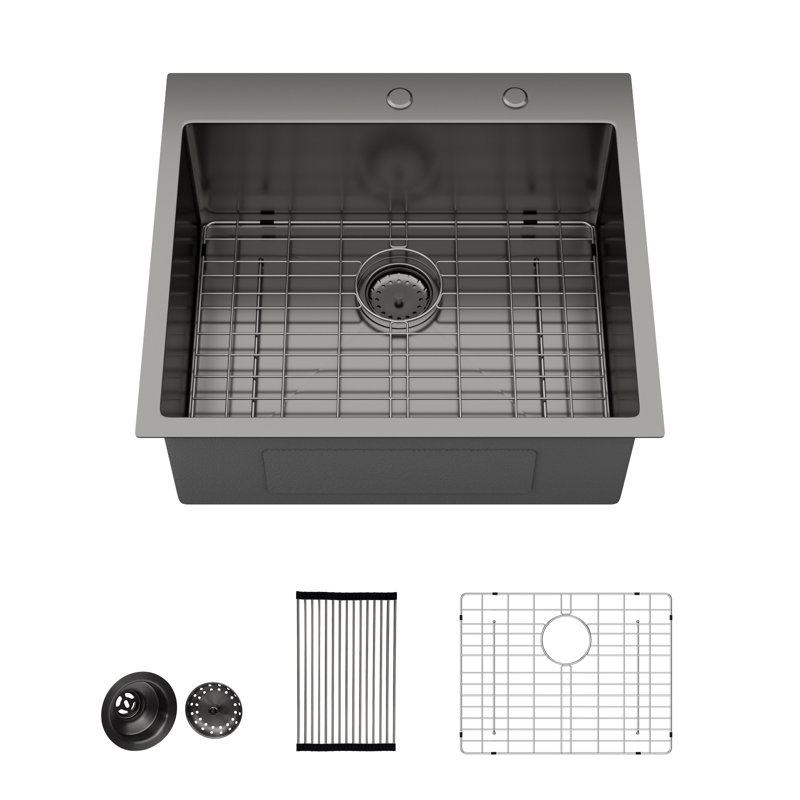 25'' L Gunmetal Black Drop-In Bar Sink Single Bowl 16 Gauge Stainless Steel Sink