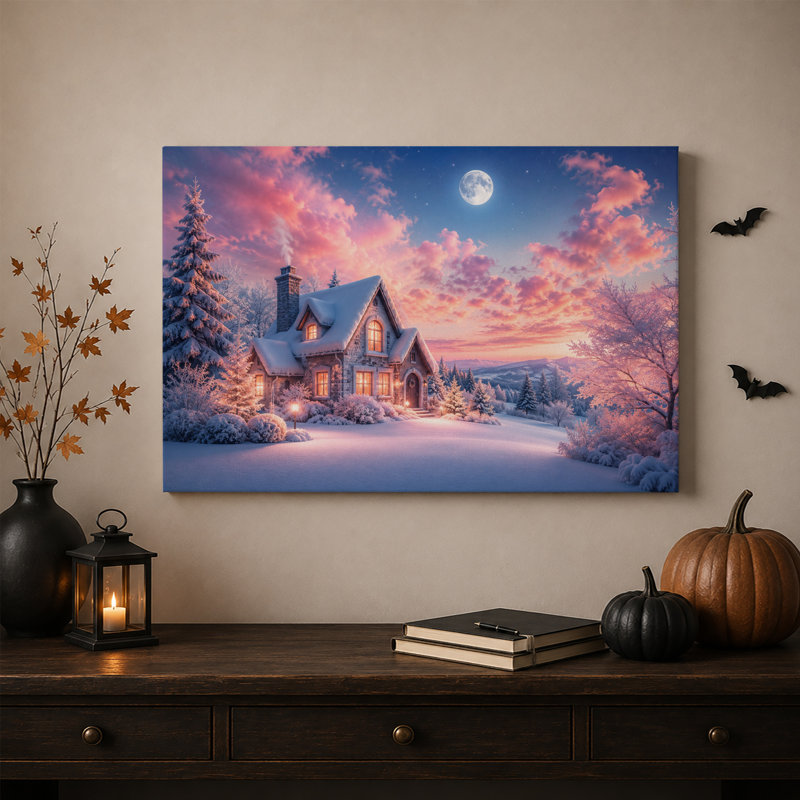 Maison en pierre enneigée sous la pleine lune - Toile murale d'Halloween, H 16 po x l 24 po