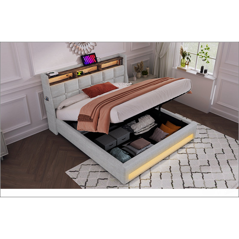 Upholstered Platform bed with a Hydraulic Storage System, LED and USB Charging, Natural, Full/Double