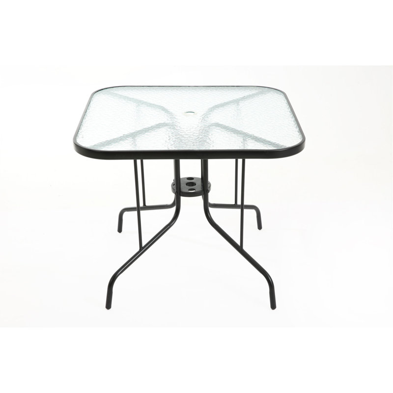 Table de salle à manger de patio de 35 pouces avec plateau en verre trempé Tangkula, table de bistro carrée pour 4 personnes avec trou pour parasol de 1,5 po et structure en métal robuste, table de salle à manger de patio pour la cour, la pelouse, la terrasse et la piscine