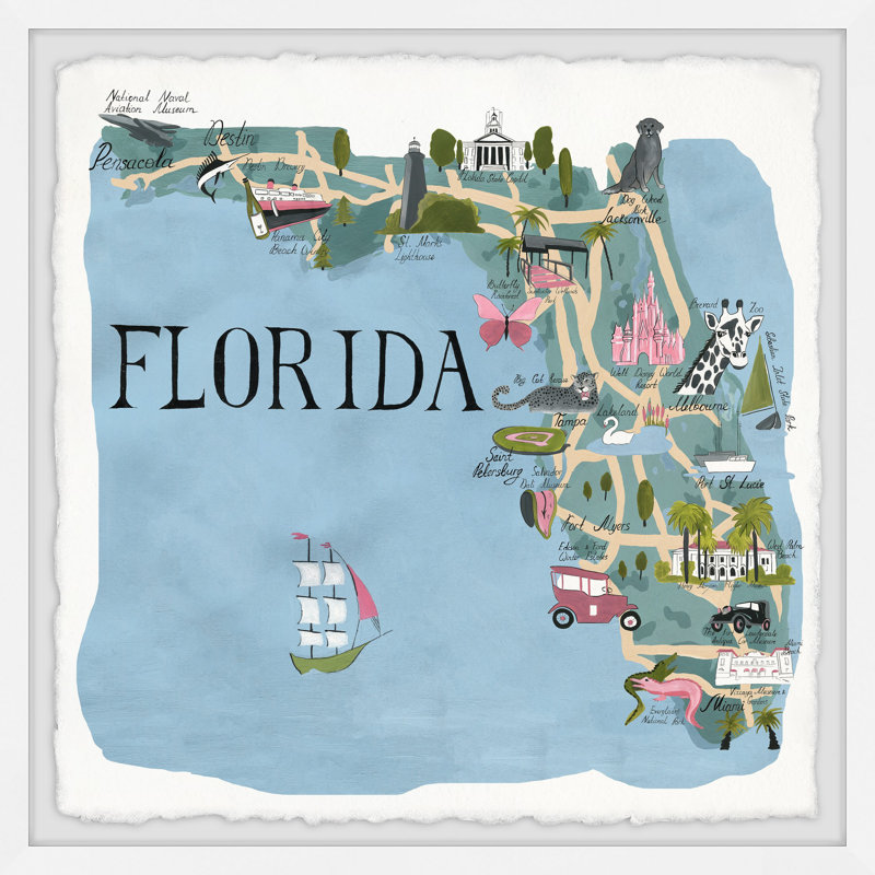 «Illustrated Map Of Florida», reproduction d'art sur papier, H 32 po x l 32 po x P 1,5 po