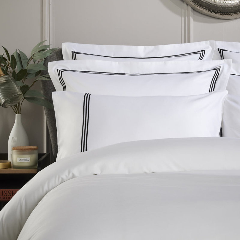 Cate 800 Thread Count Triple Row Cord Embroidered Sateen Pillow Cases, White/Black