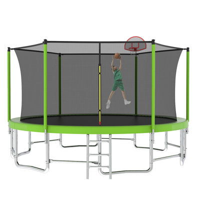 Trampoline With Balance Bar & Basketball Hoop&Ball, ASTM Approved Reinforced Type Outdoor Trampoline With Enclosure Net