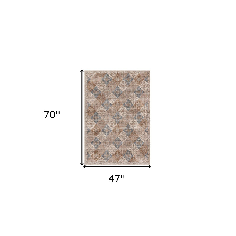 4' X 6' Brown and Blue Floral Distressed Area Rug