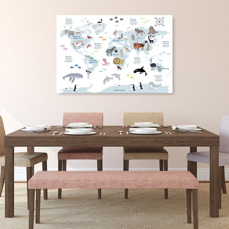 «Playful World Map Animals», reproduction d'art murale animalière contemporaine, 32" H x 48" W