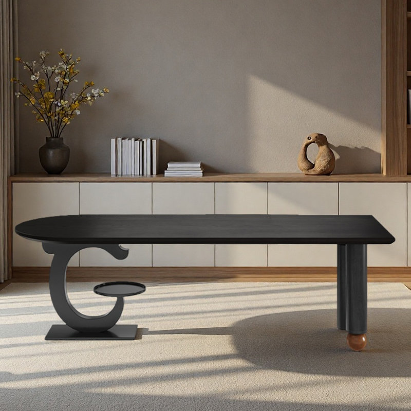 Bureau noir semi-circulaire à usage domestique, bois massif, H 29,53 po x l 78,74 po x P 31,5 po