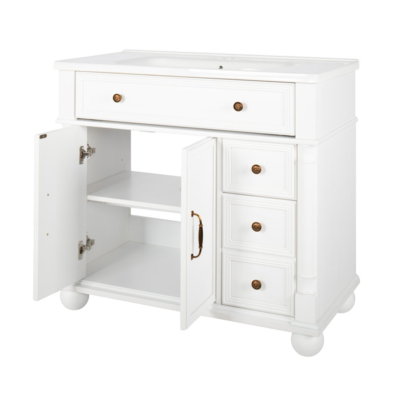 Lavabo de salle de bain 35,6 "Mid-Century avec base de colonne romaine, lavabo de salle de bain autoportant Farmhouse avec rangement